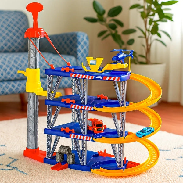 Brinquedo Elevador Pista Radical – Posto Lava Rápido com Carrinho e Helicóptero Samba Toys