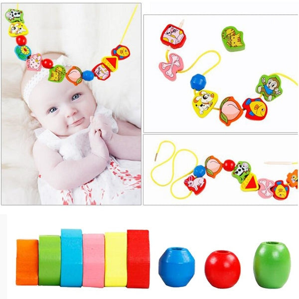 Kit de Contas de Madeira Montessori com Cordão – Brinquedo Educativo de Encaixe com Animais, Frutas, Letras e Números